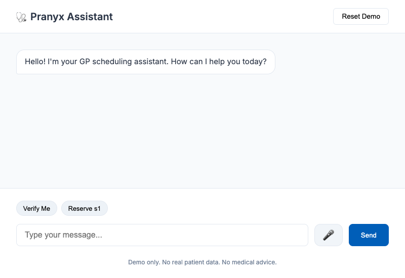 Pranyx scheduling assistant greeting a patient, with message and voice controls. Open the protected Clinical AI Demo.